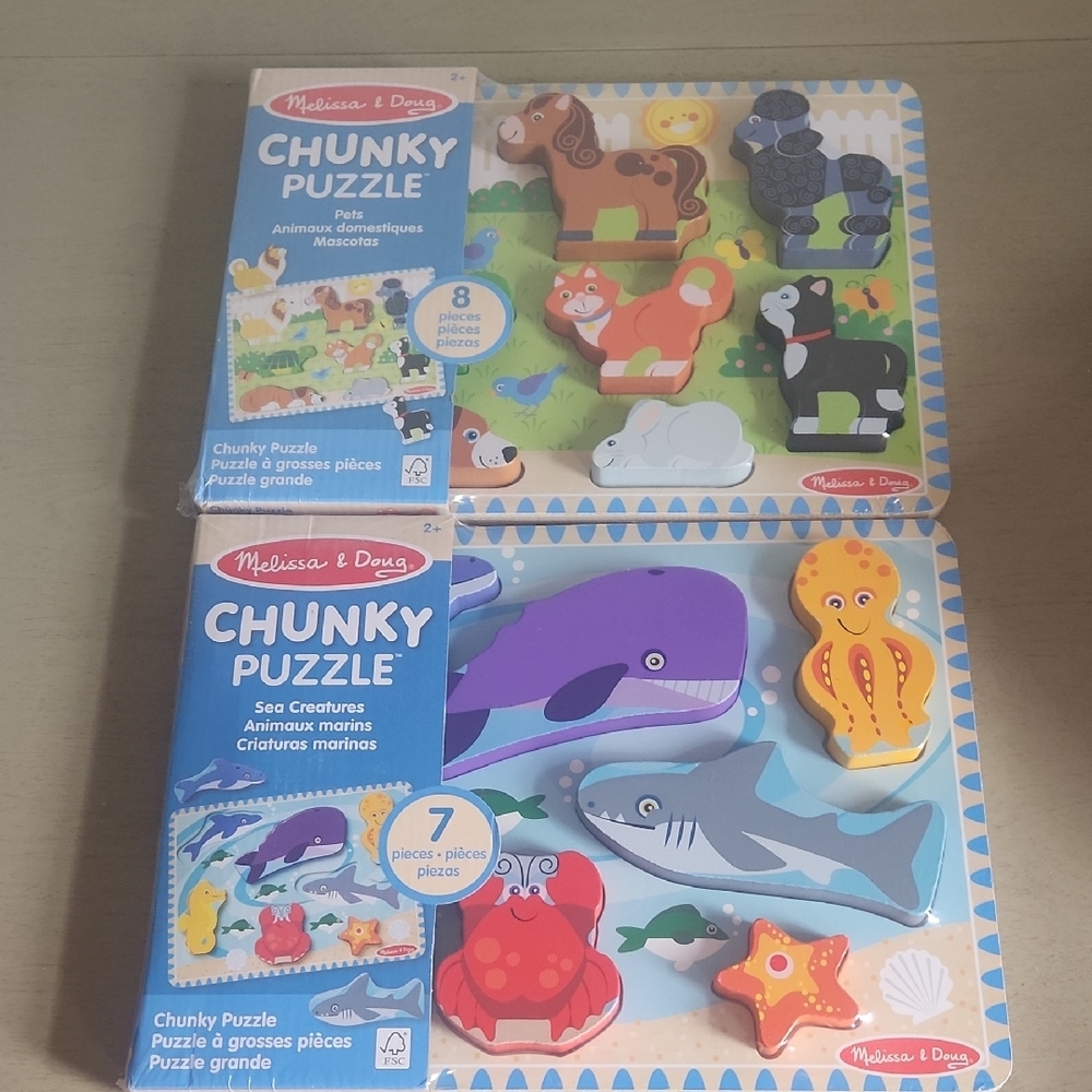 Melissa & Doug Orange and Blue Chunky Puzzle Set Safari and Ocean